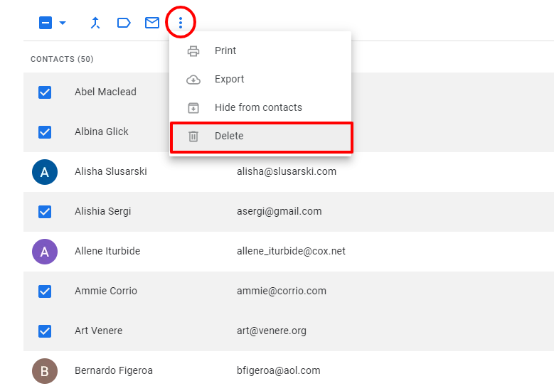 Google Contacts interface showing the Delete option for multiple contacts