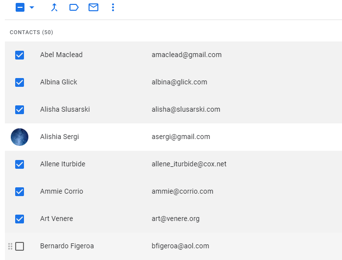 Google Contacts interface showing selected contacts