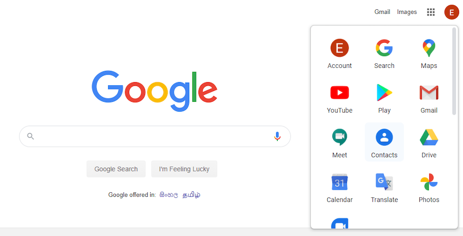 Google homepage showing the Google Apps drop-down menu