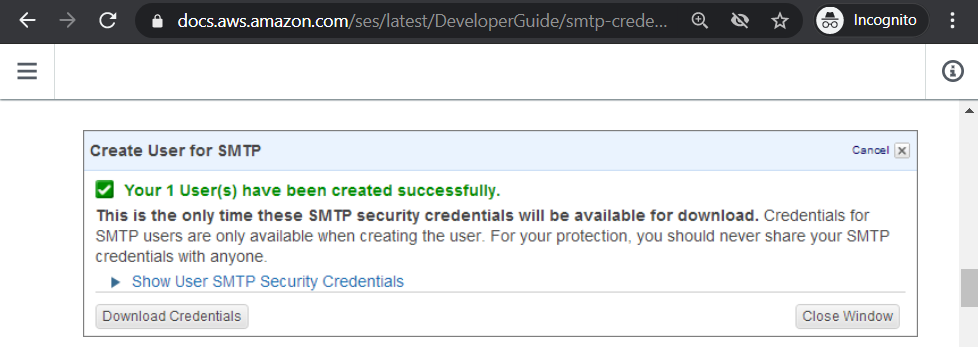 Interface to view newly created SMTP Credentials