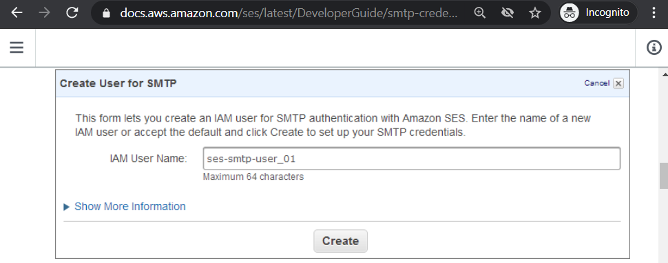 Amazon SES SMTP Credentials create user interface