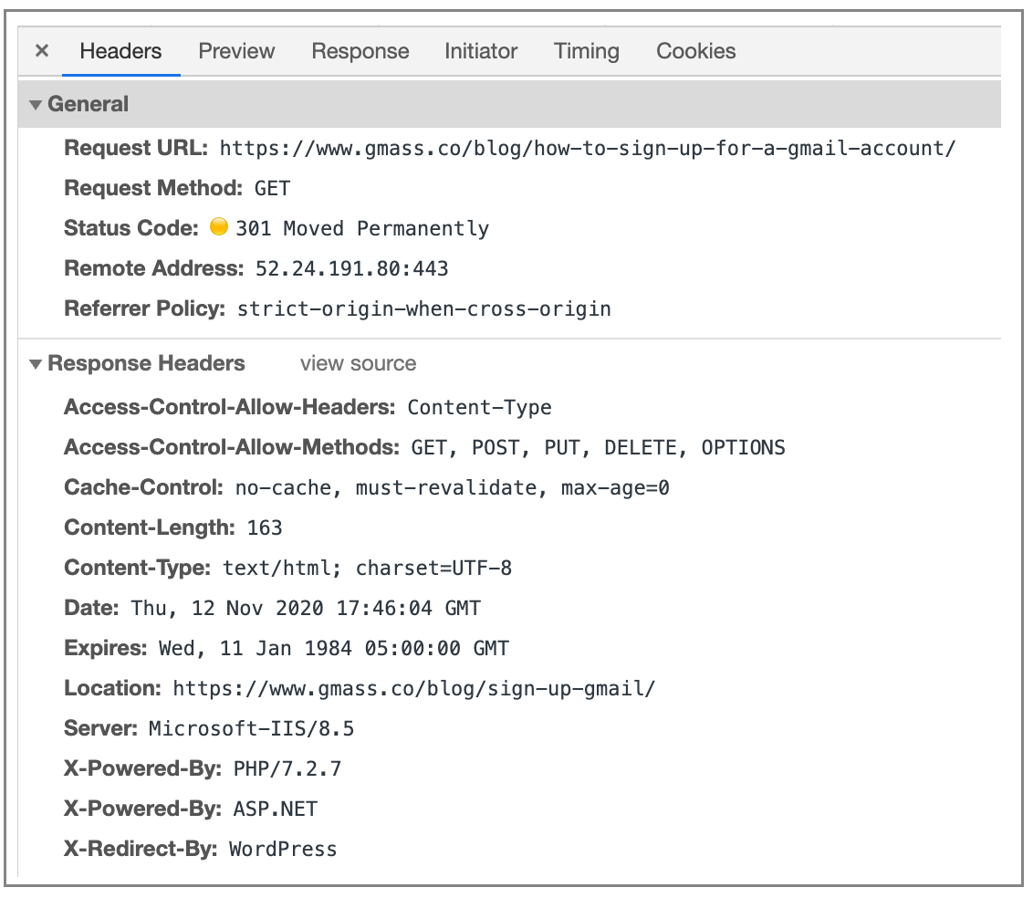 Response headers show WordPress redirect