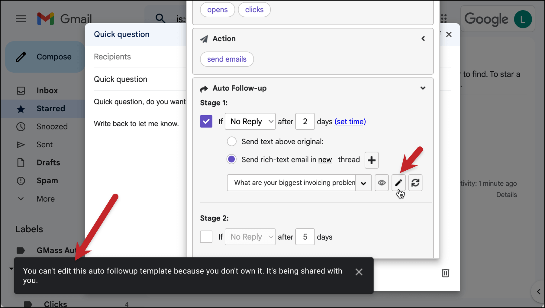 Can't edit a shared template as an auto follow-up
