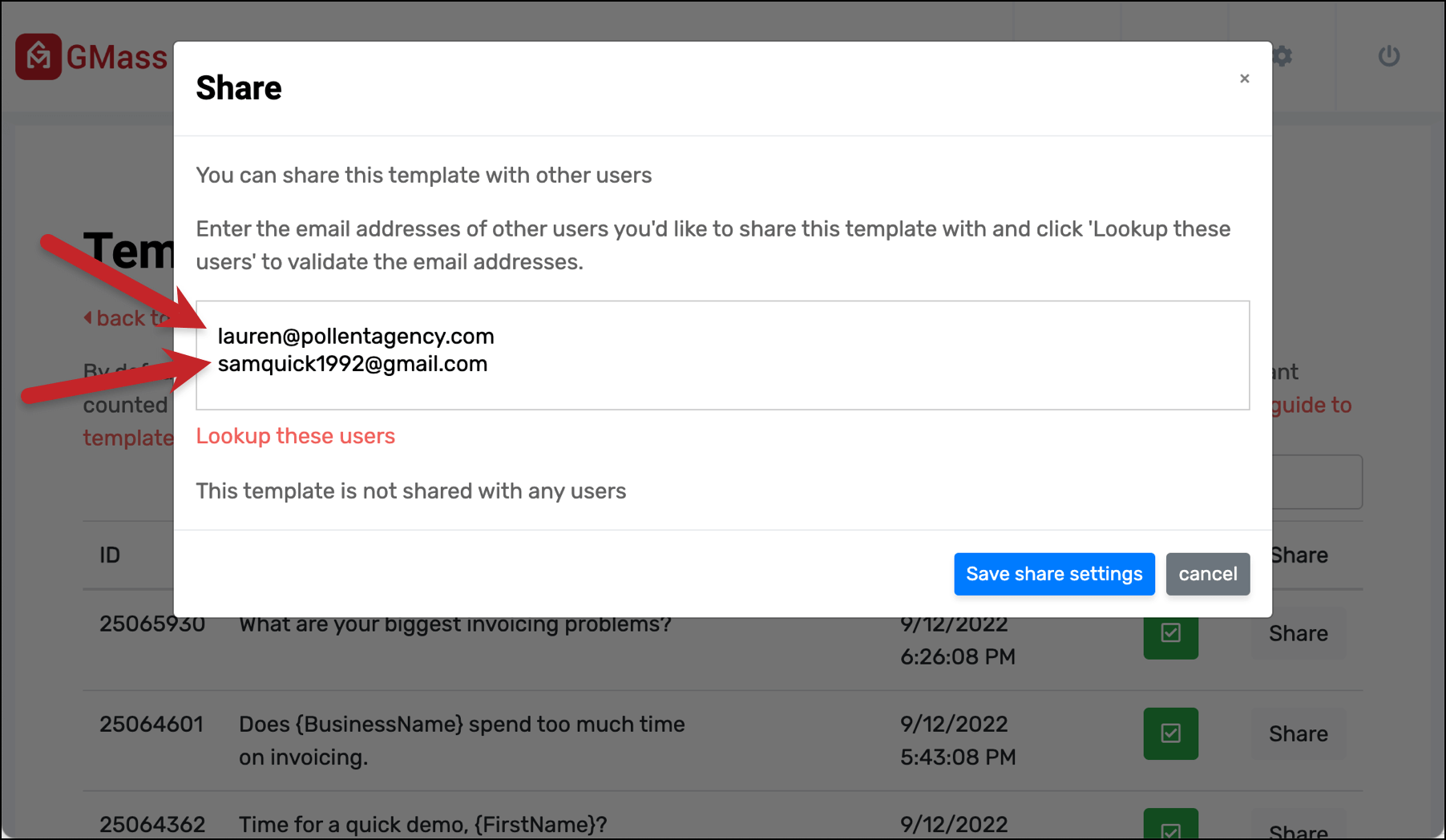 Enter users with whom you want to share