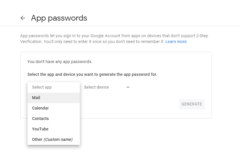 app passwords tab