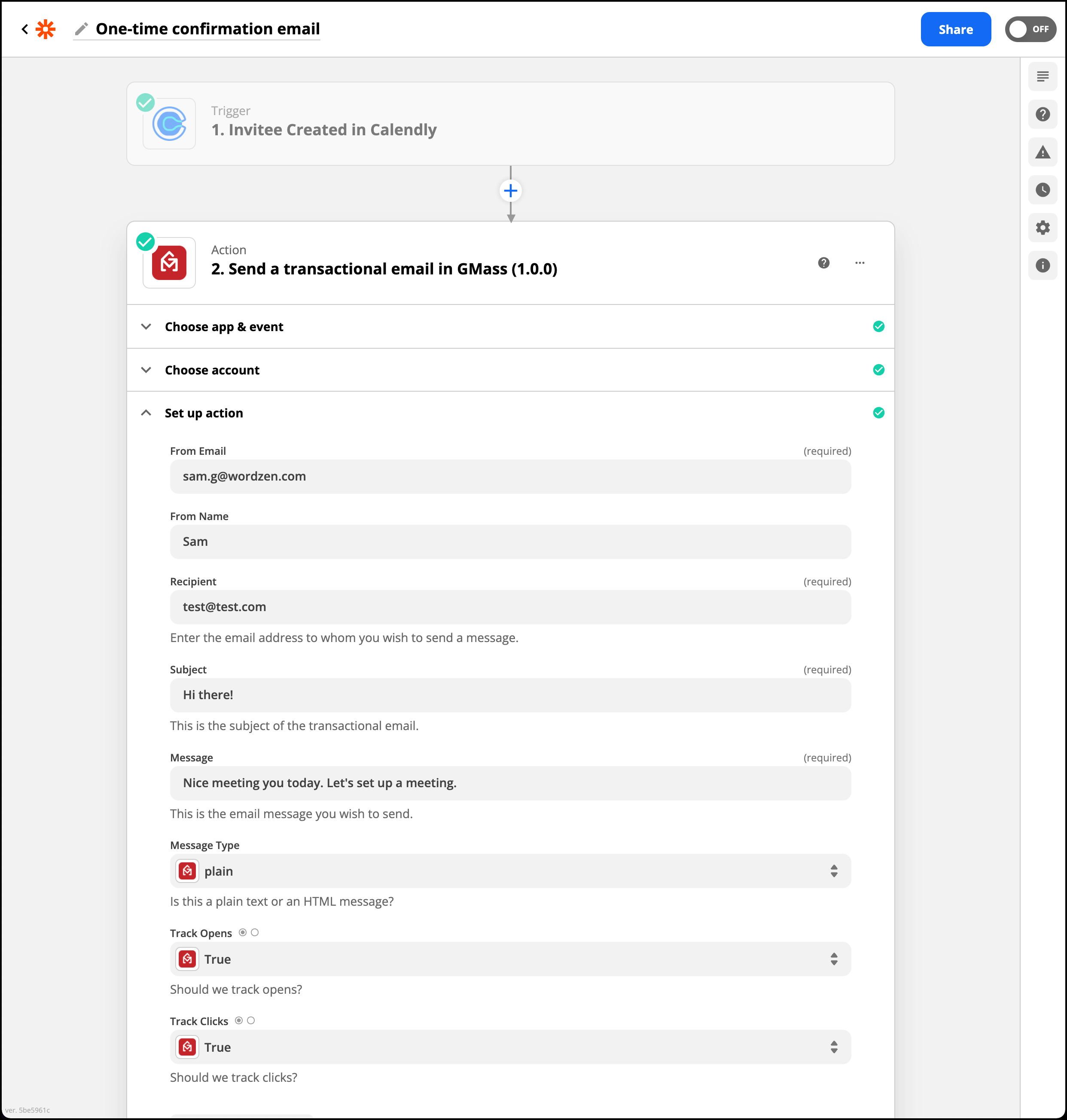 The Zap for a one-time confirmation email