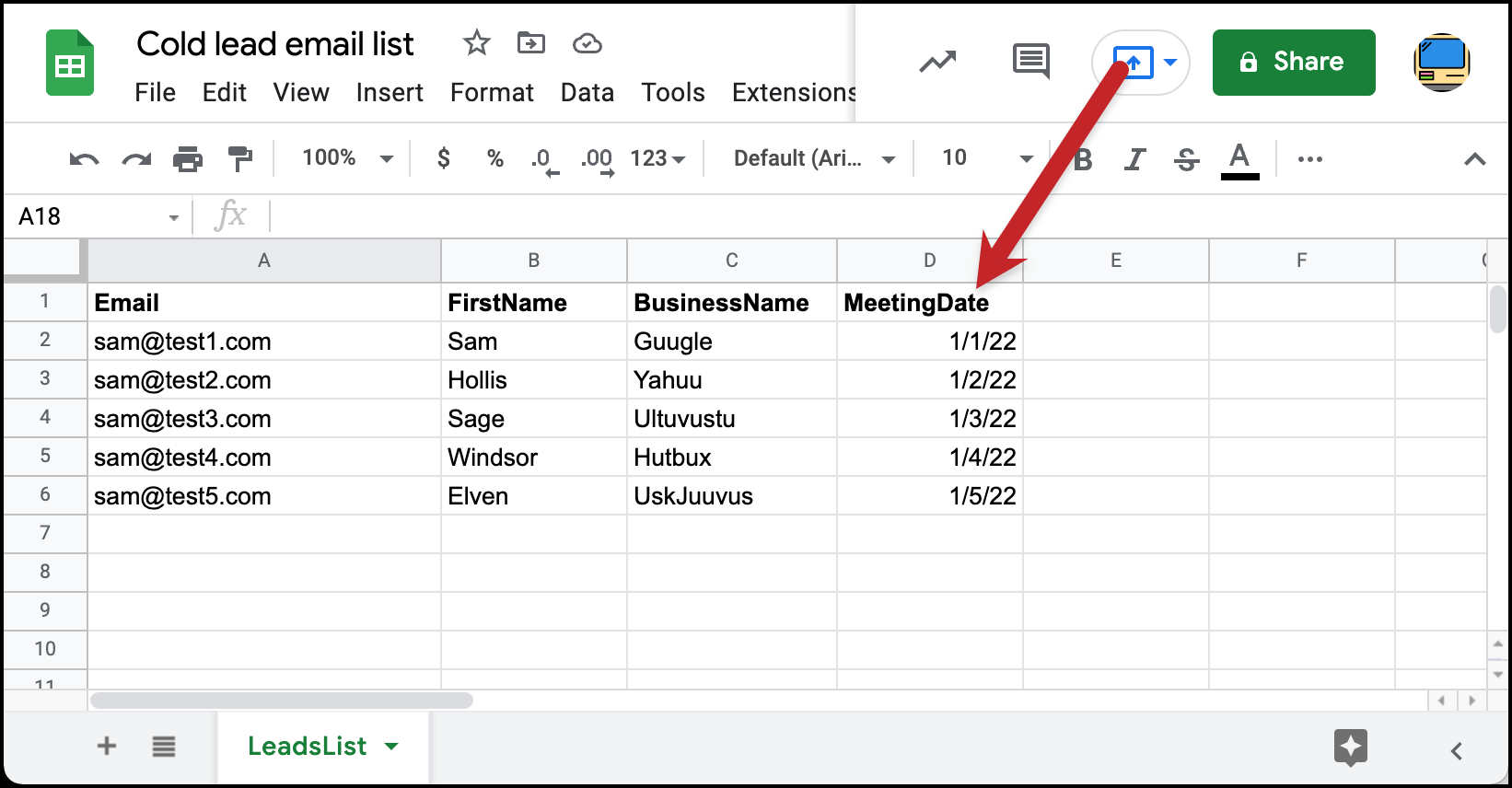 Setting up your Google Sheet column