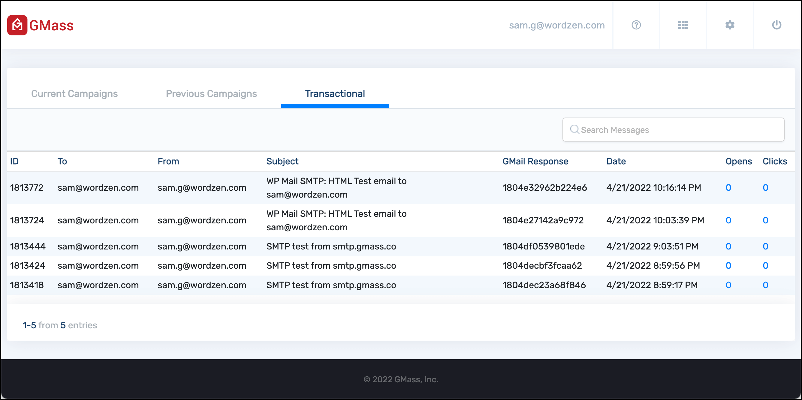 Transactional email log in GMass dashboard
