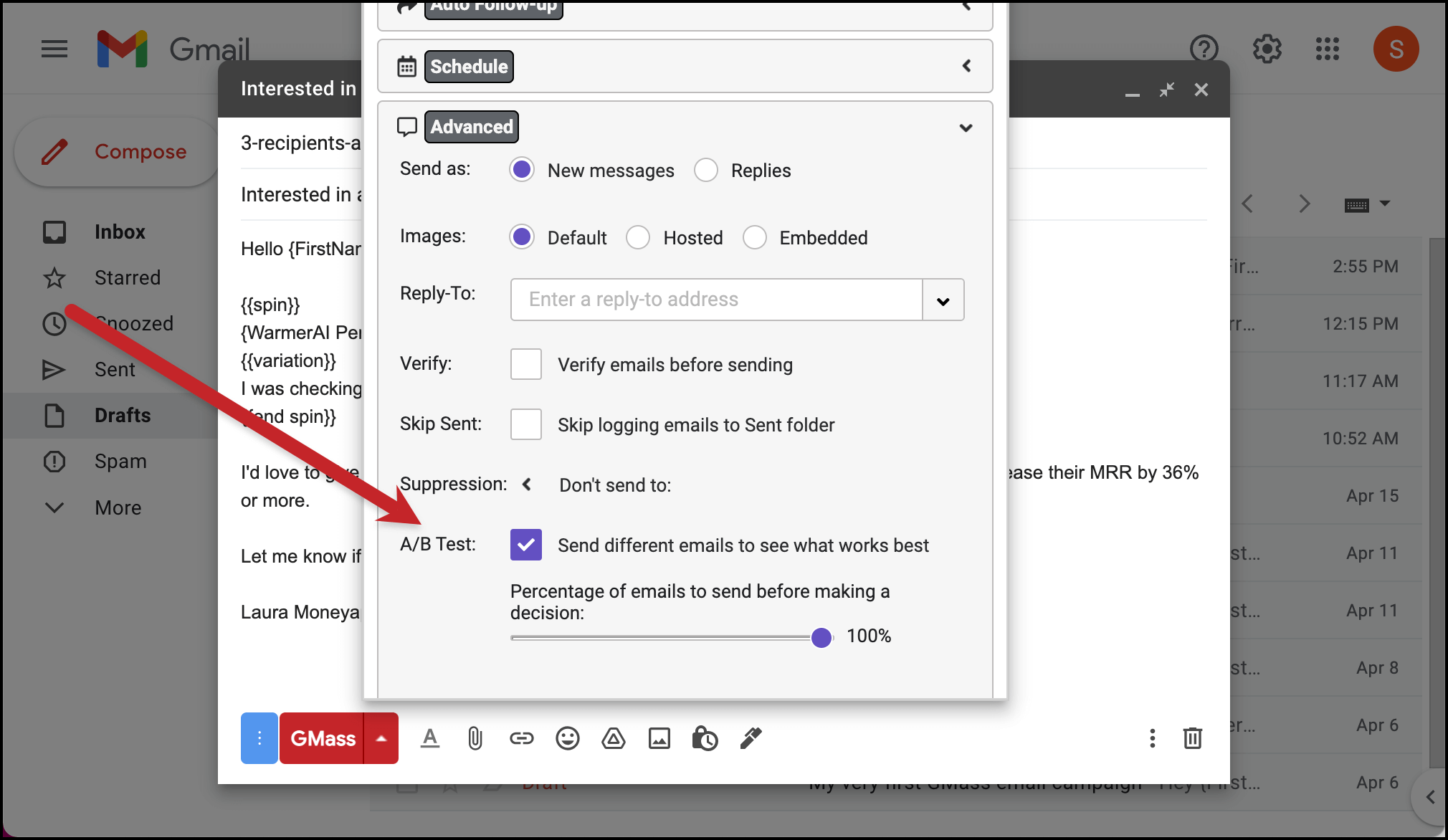 GMass A/B test settings