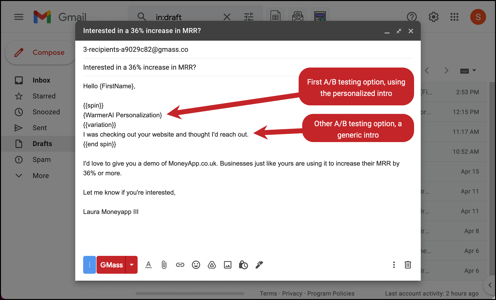 Using spintax for a cold email AI A/B test in GMass