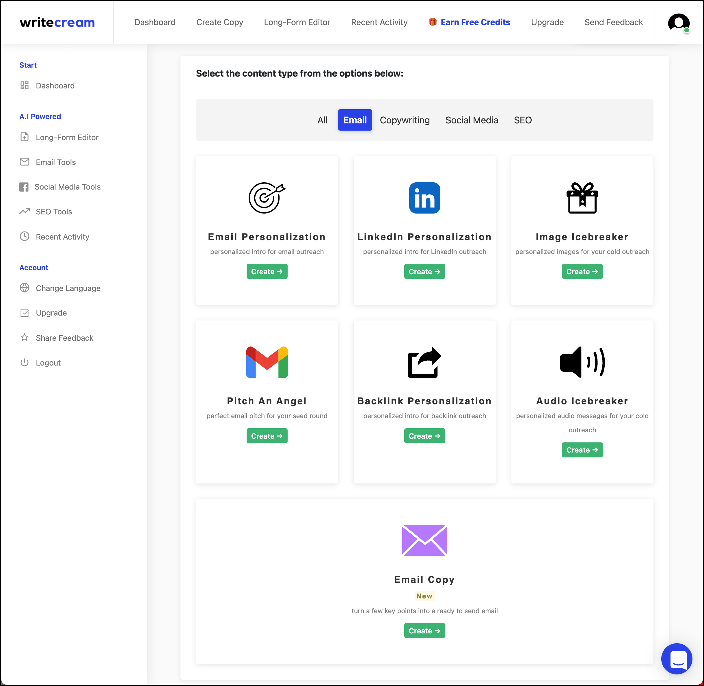 Writecream's email options