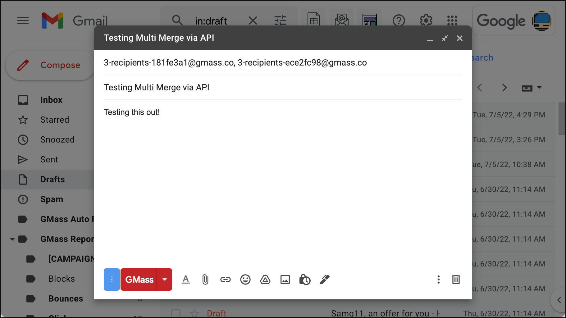 A draft created with Multi Merge via the API