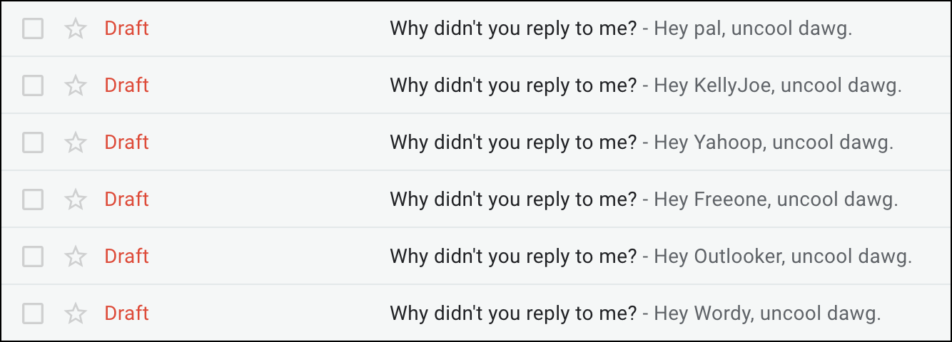 Drafts show the mail merge worked cross-sheet