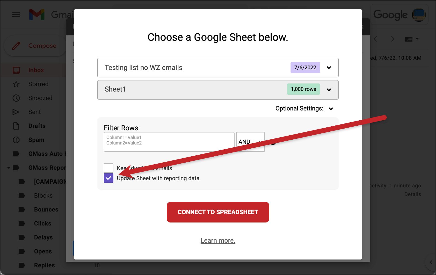 Connect to sheet with reporting on