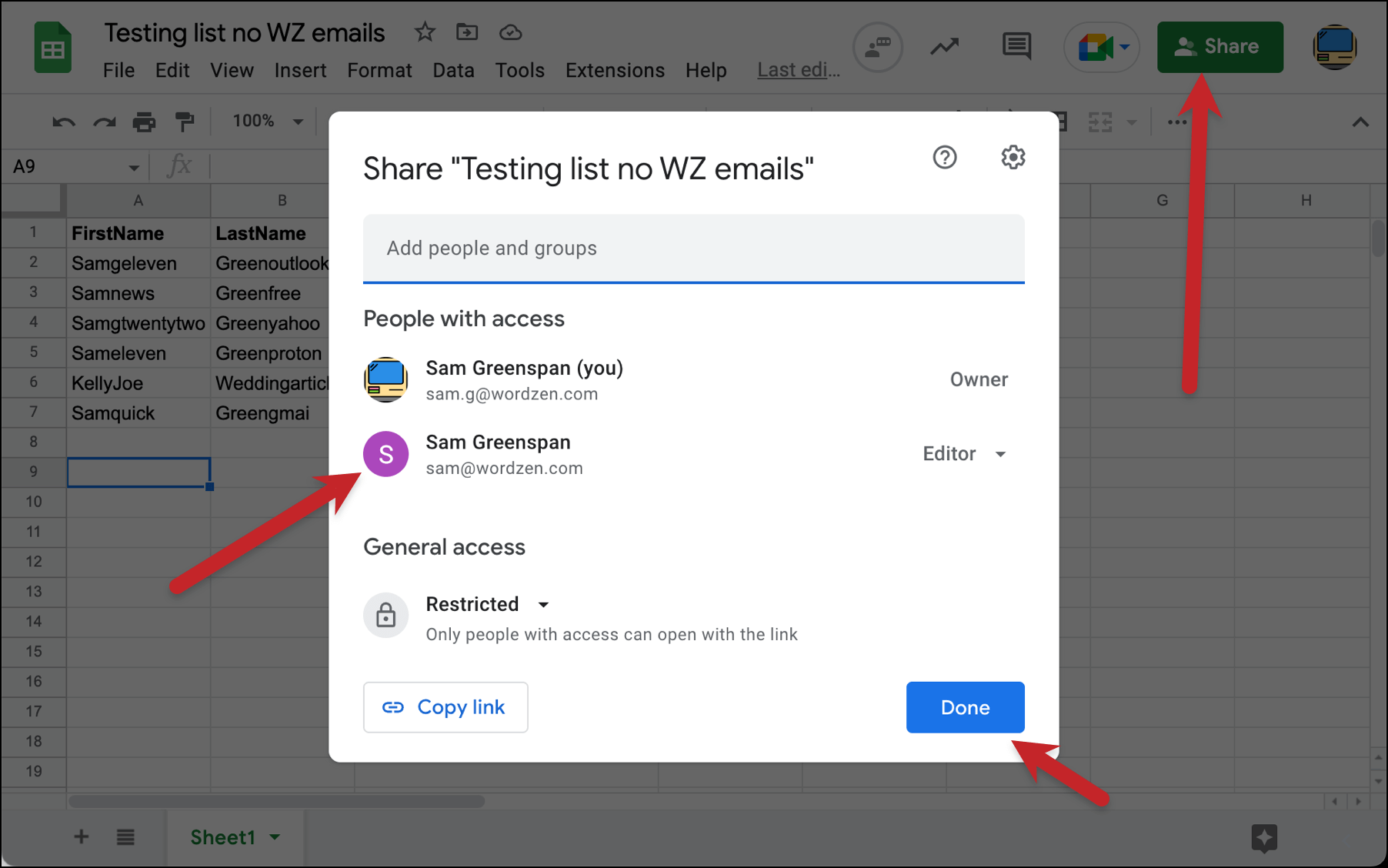 Share Google Sheet with team member