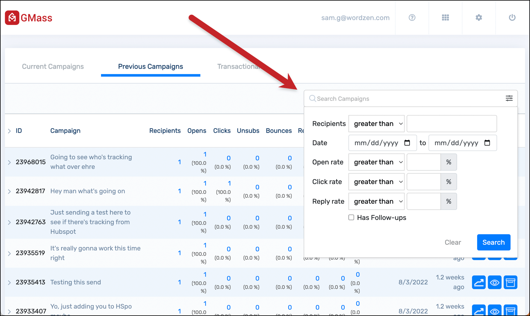 GMass dashboard campaign search