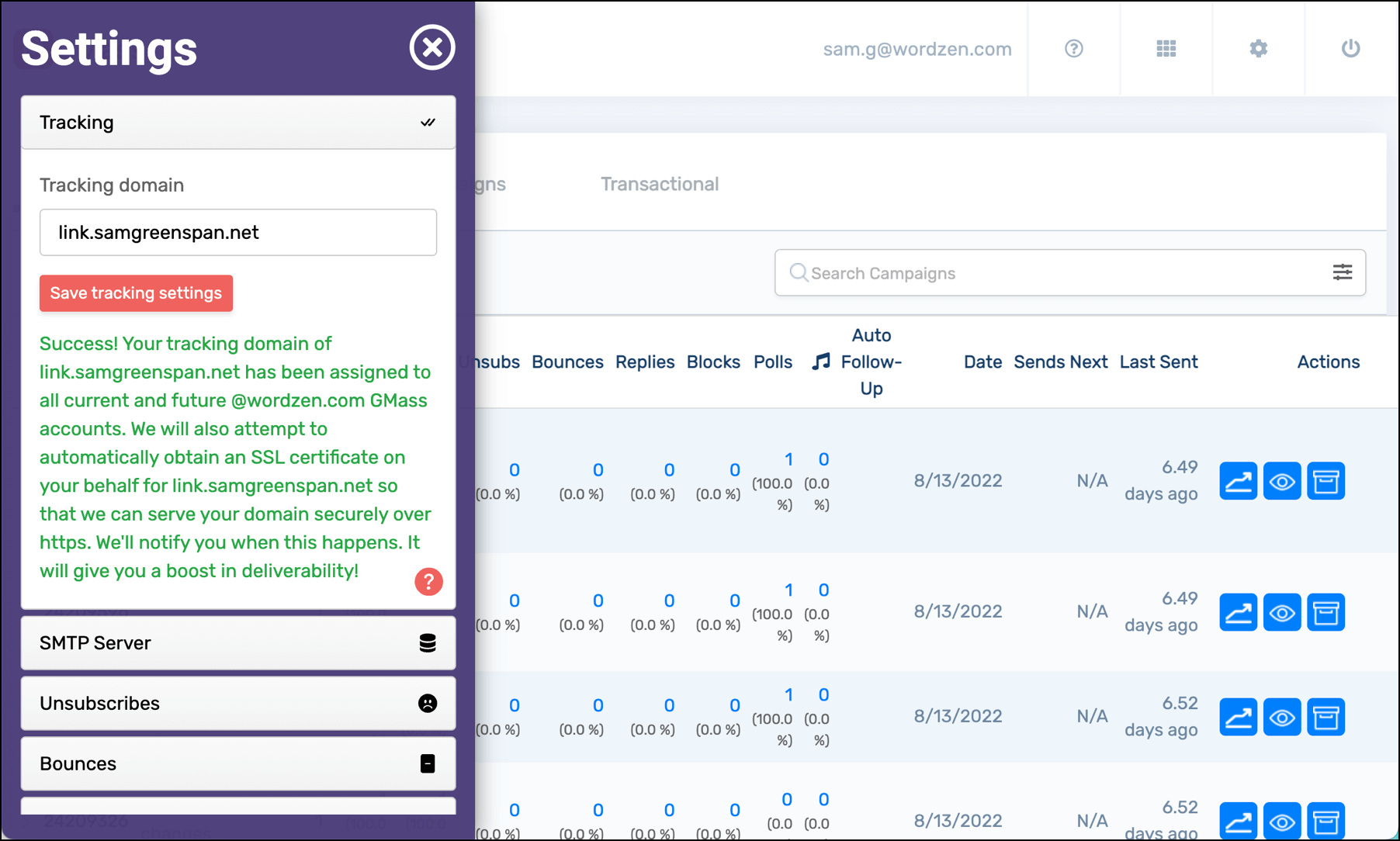 Message after adding custom tracking domain