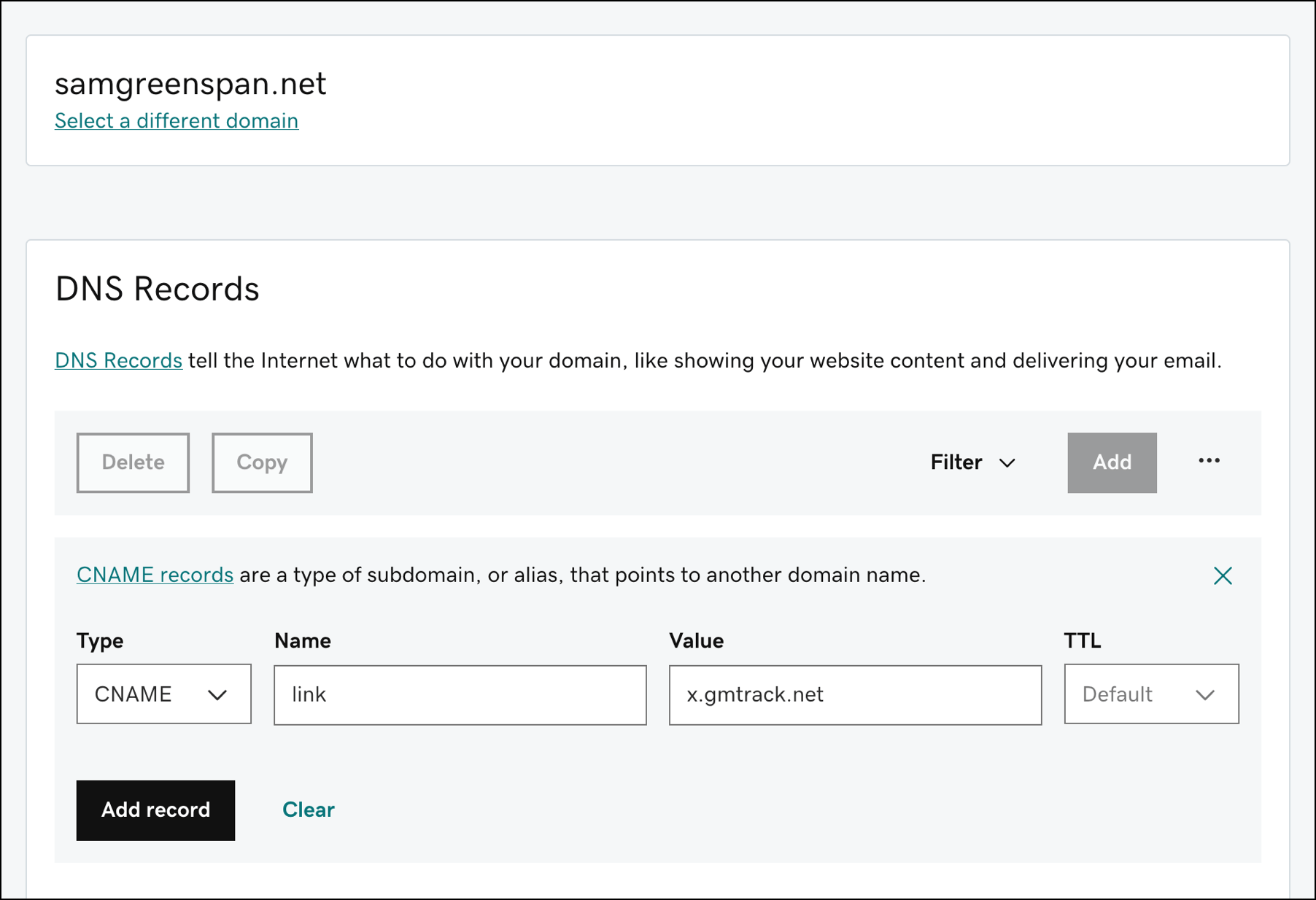 Setting up the CNAME for my tracking domain
