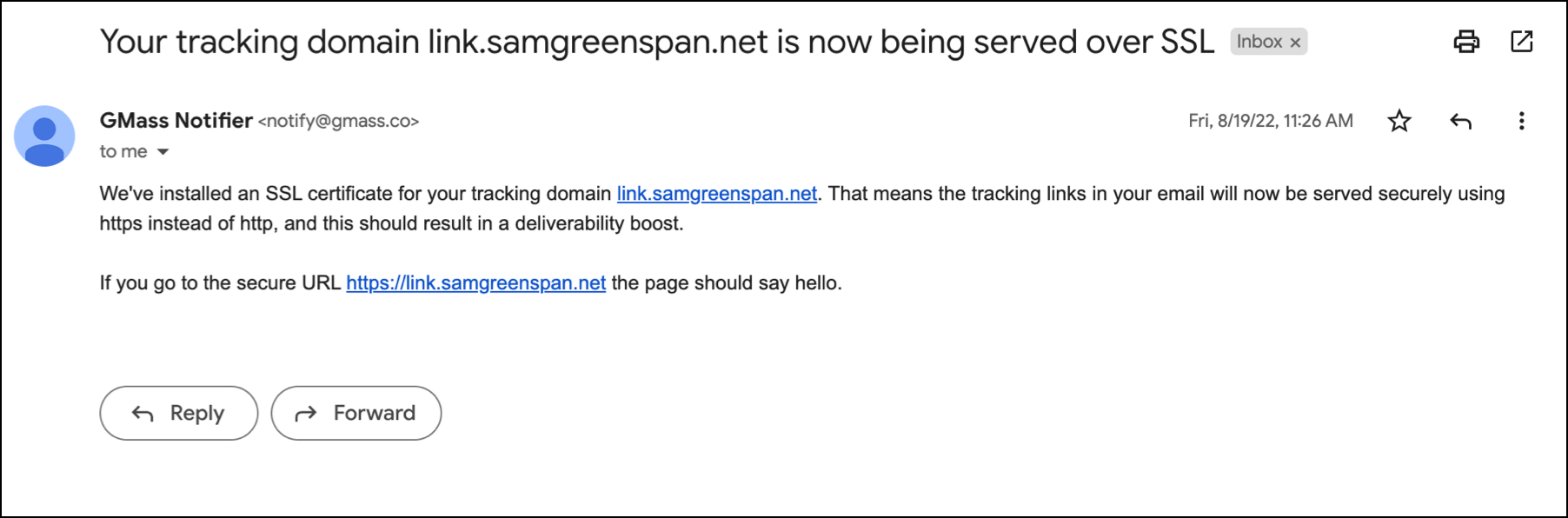 Email confirming tracking links are secure