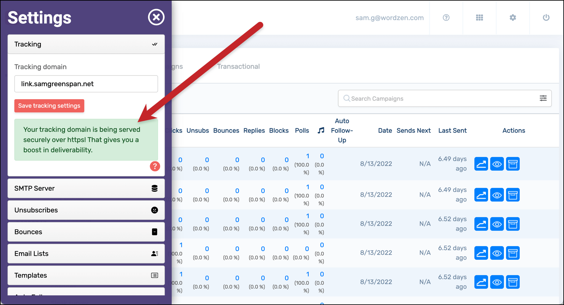 The dashboard shows my secure tracking link