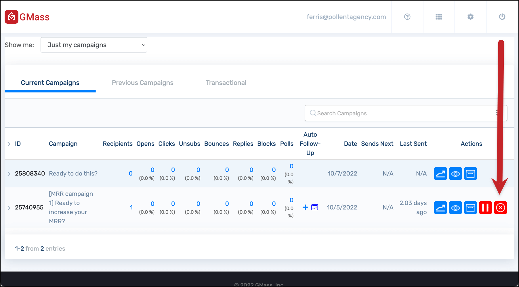 Cancel a campaign from the dashboard