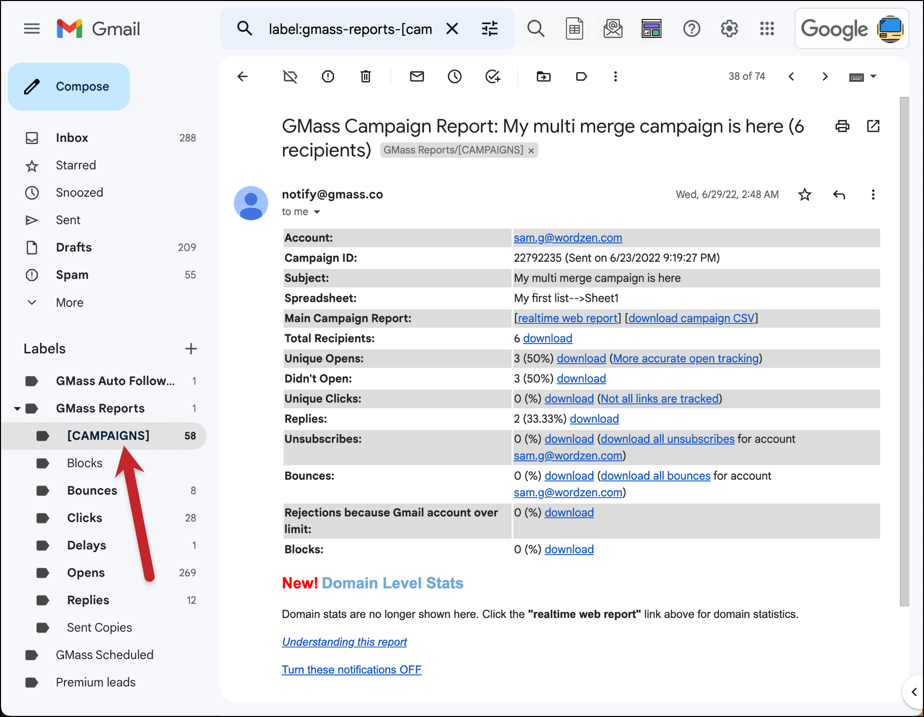 Email reports from GMass
