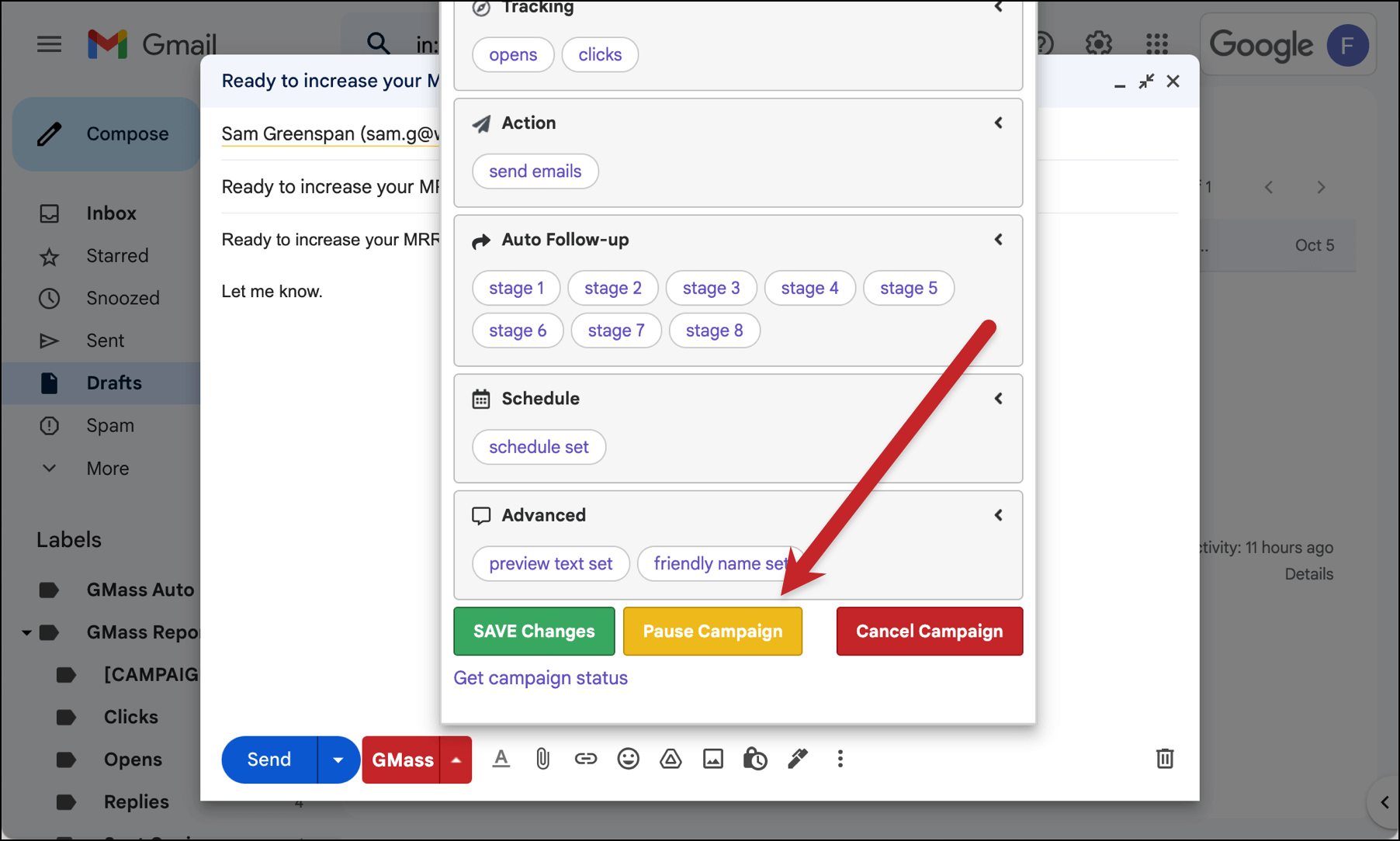 Pause a campaign in the settings box