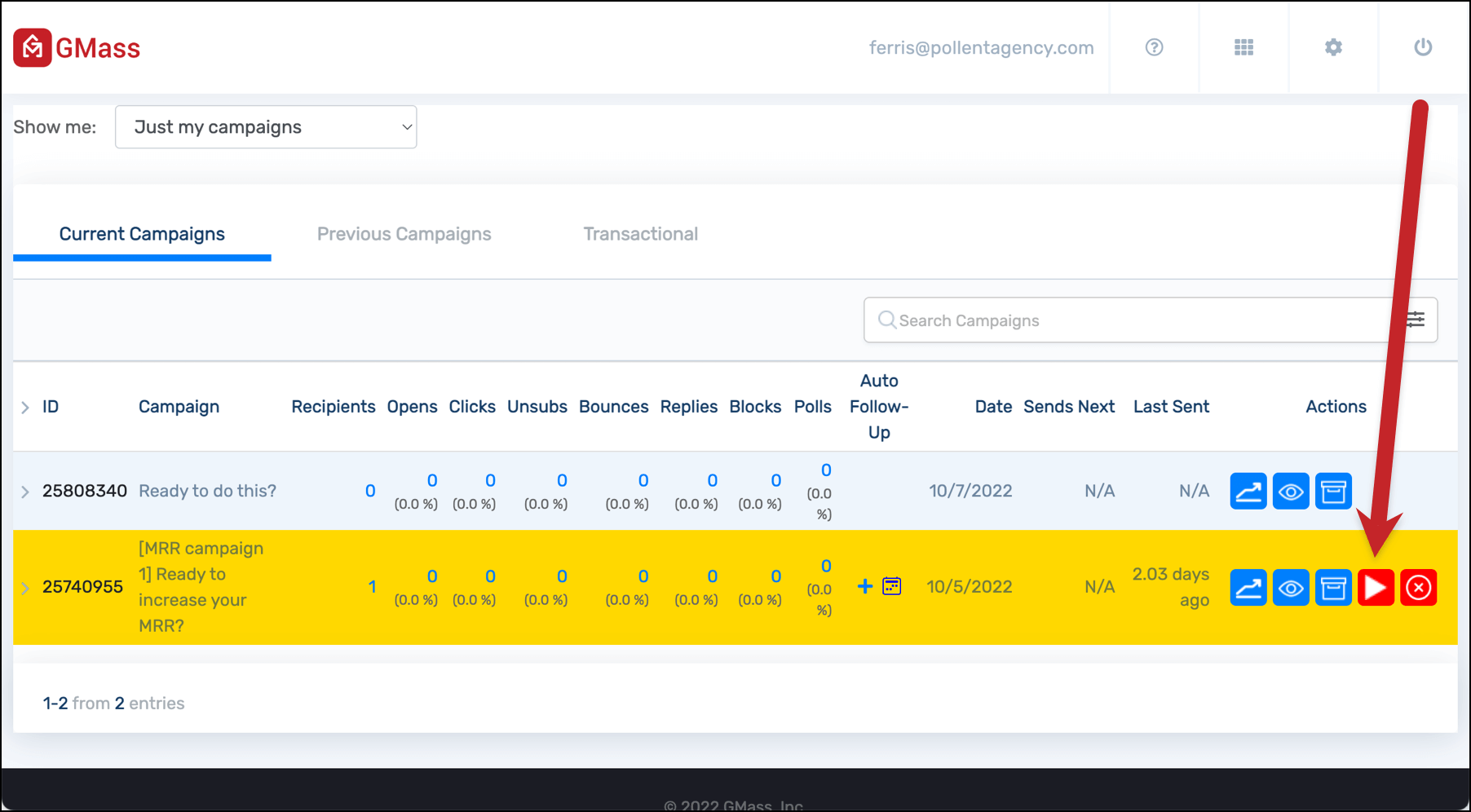 Resume a campaign from the dashboard