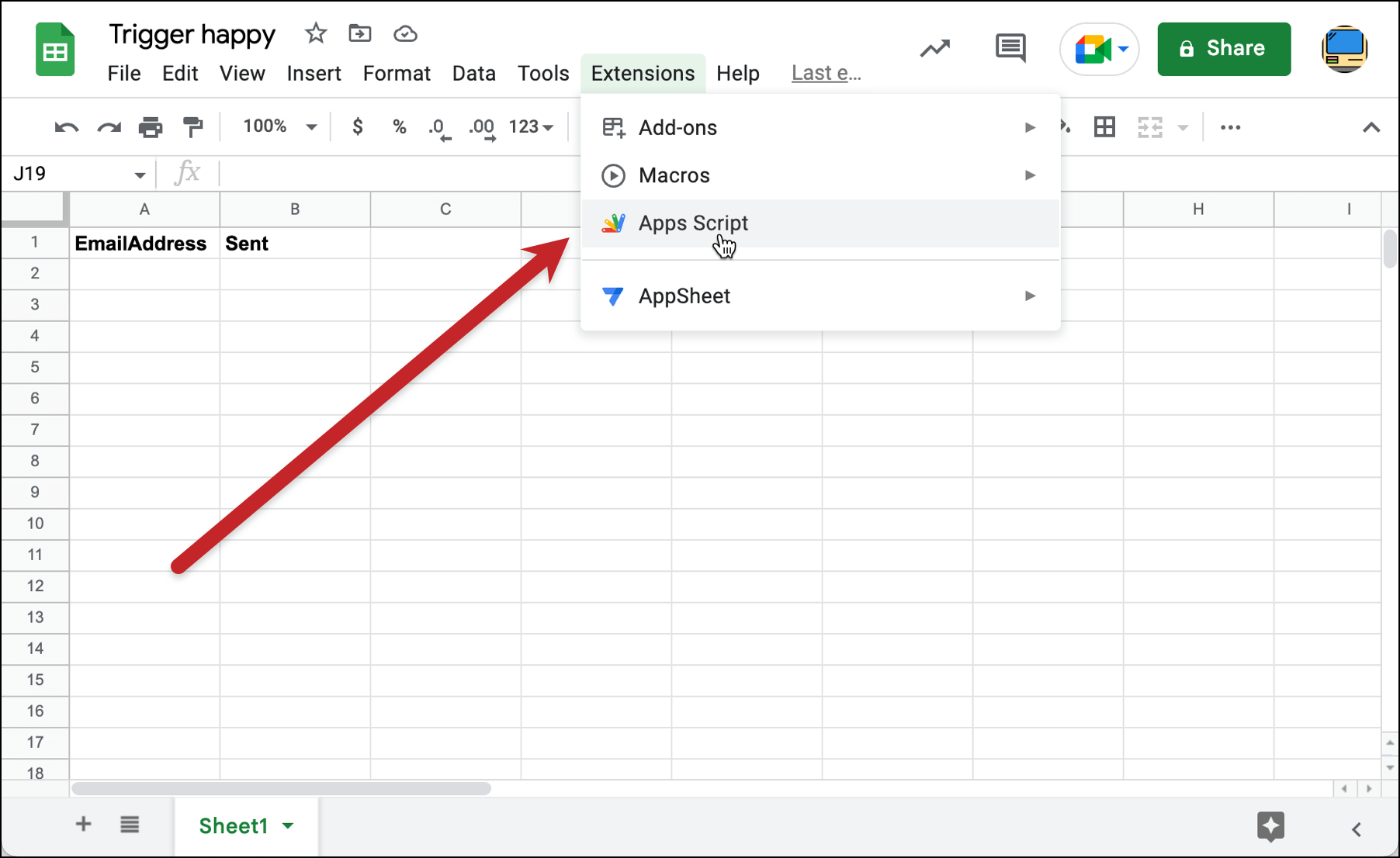 Select Apps Script in the Google Sheets menu