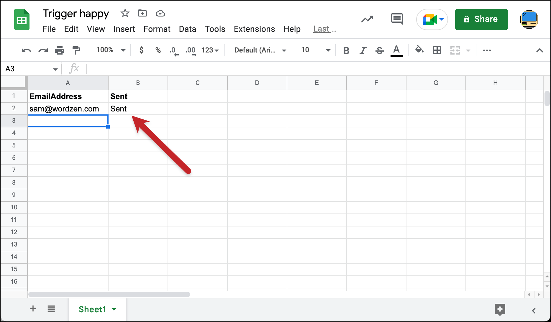 The script adds Sent when the email is sent