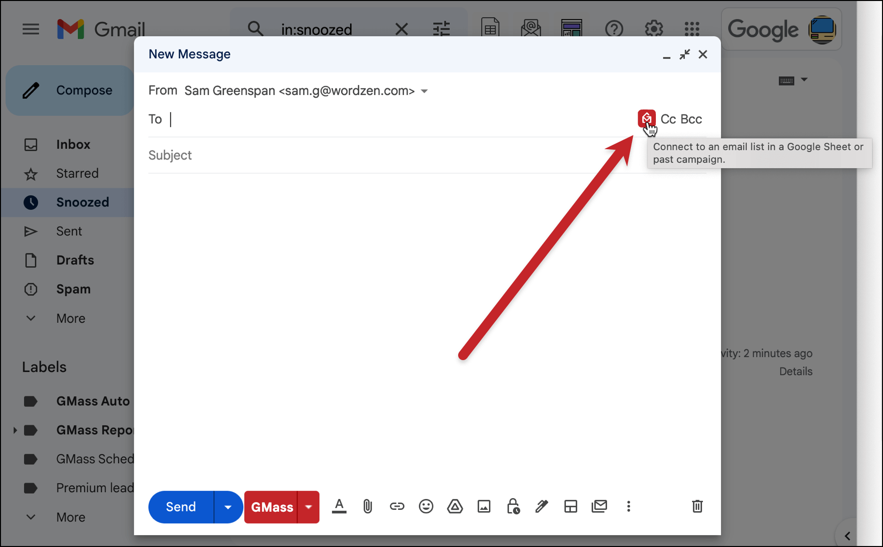 Click the GMass icon to connect to a sheet