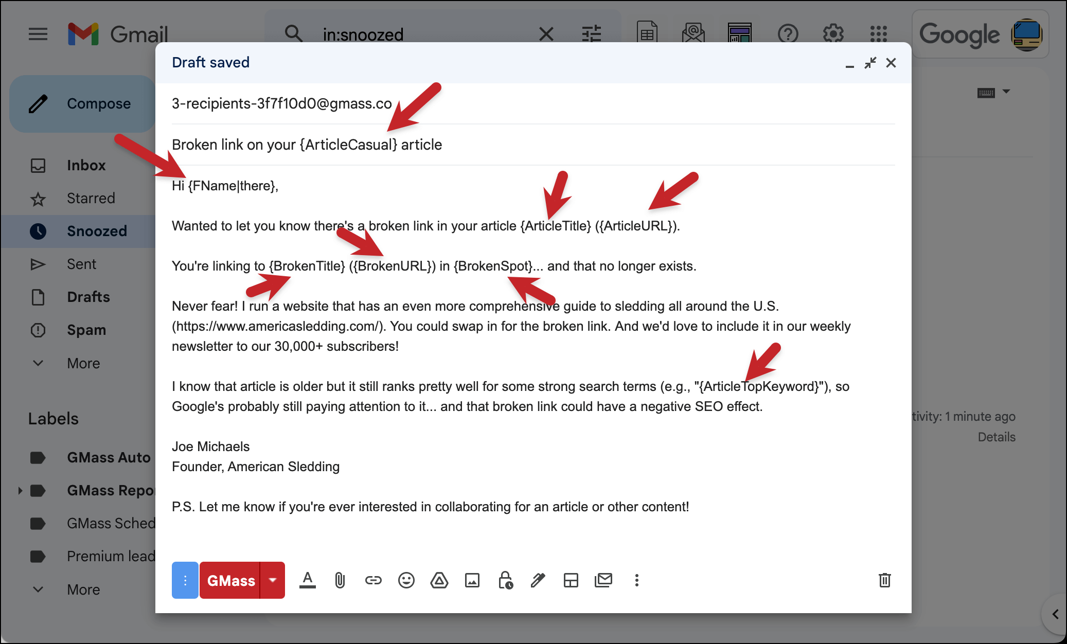 Merge tags integrated throughout the email