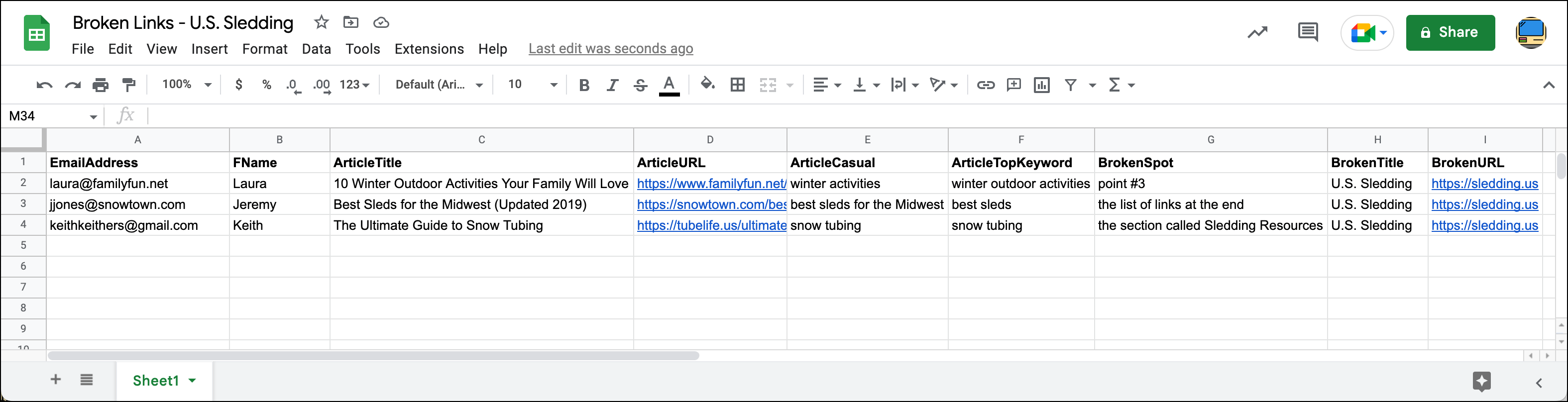 Google Sheet set up for this mail merge