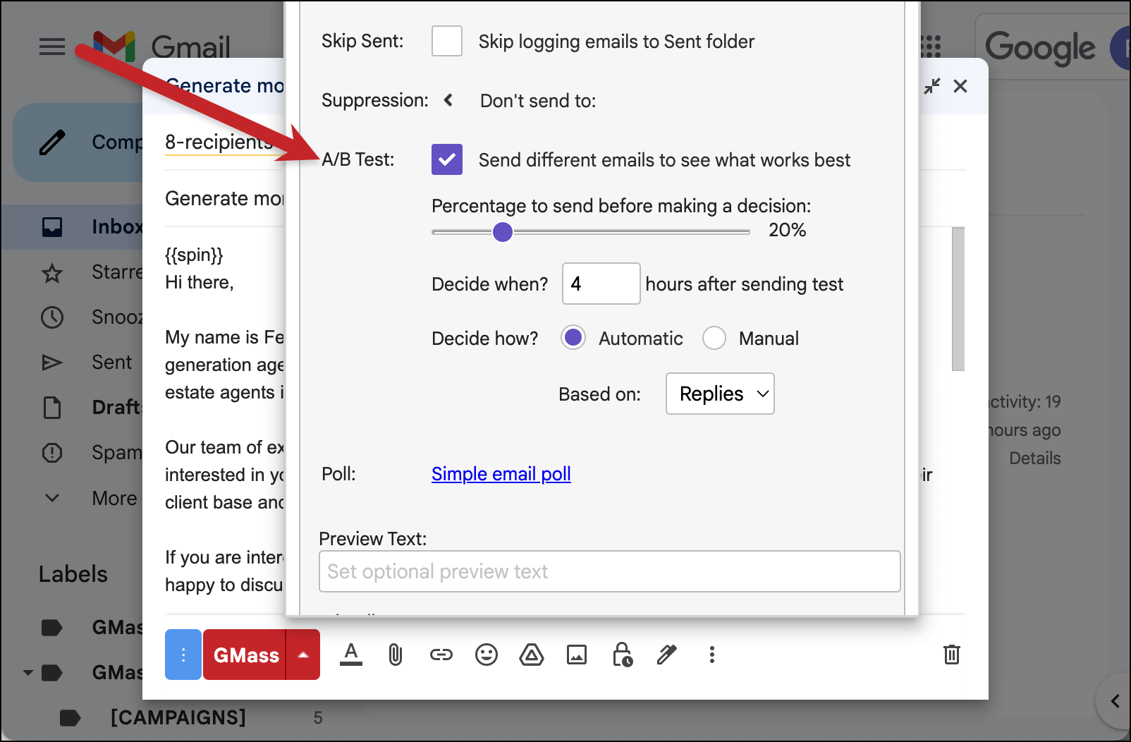 A/B test settings in GMass