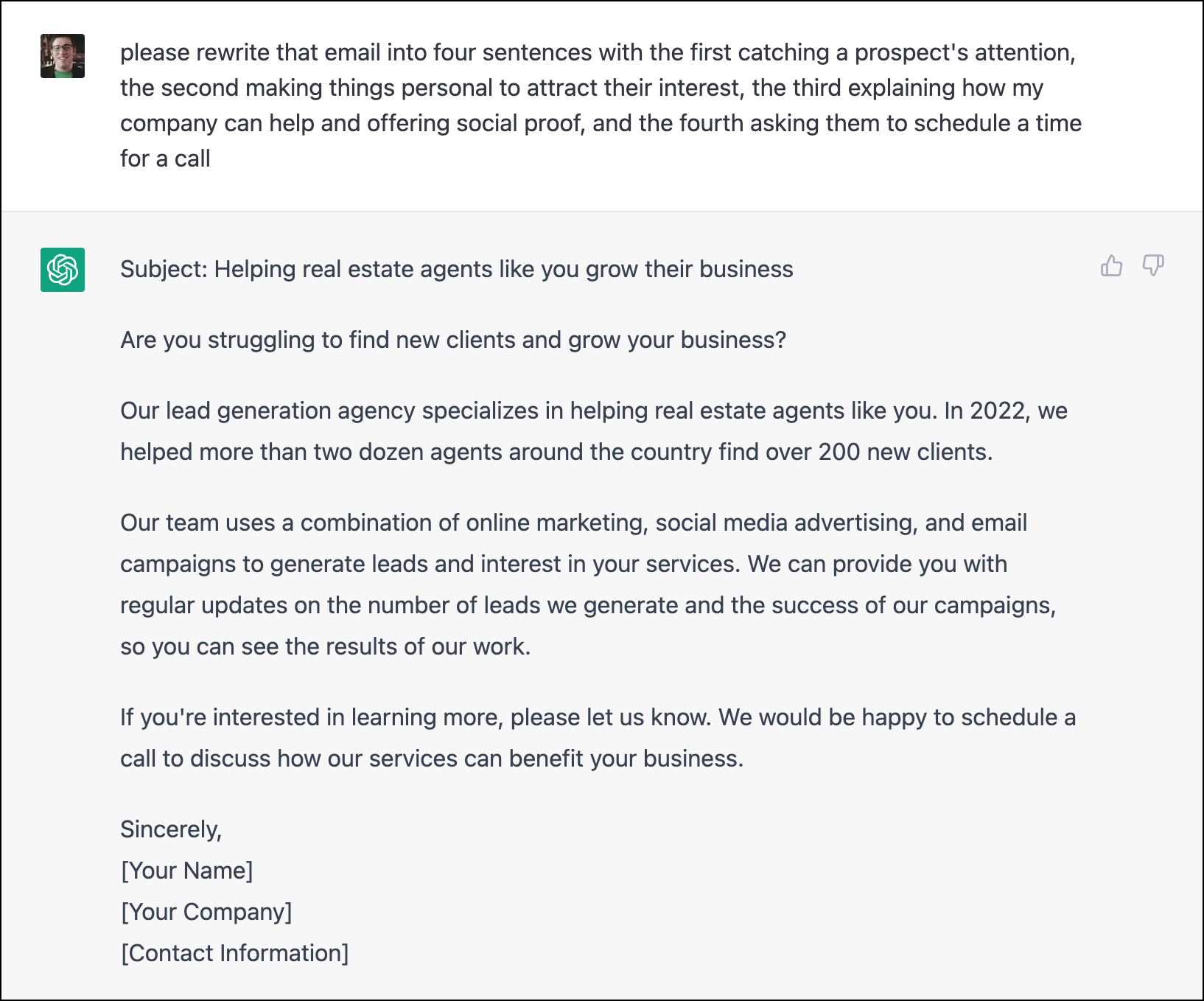 Attempting to get ChatGPT to write an AIDA formula cold email