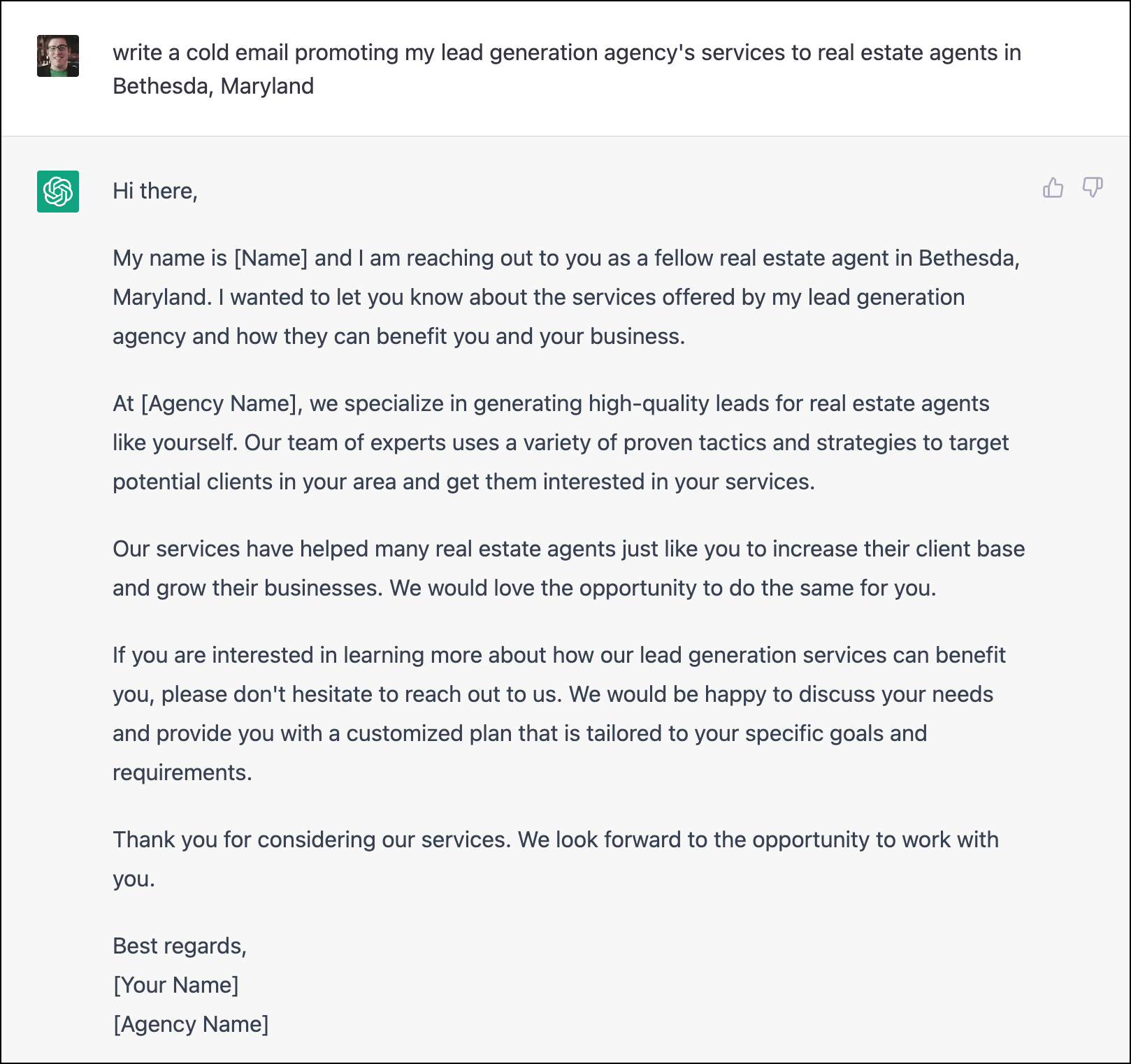 ChatGPT generates an initial email for me