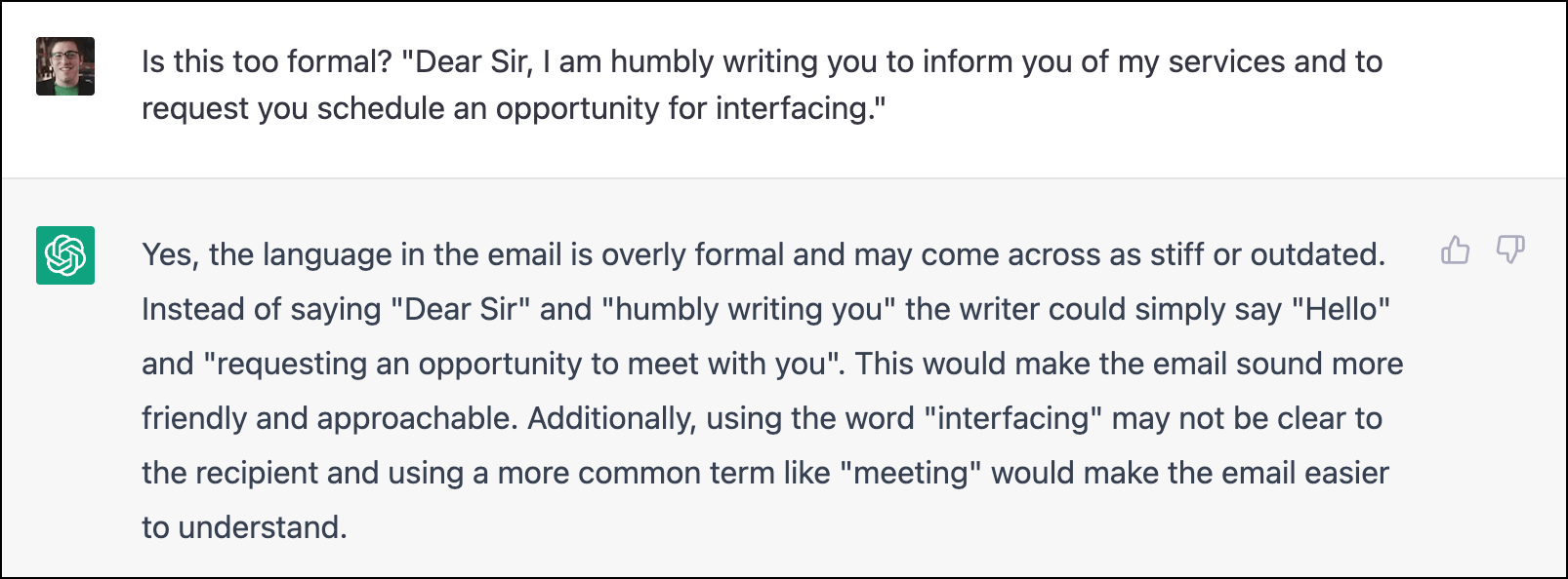Detecting an overly formal email