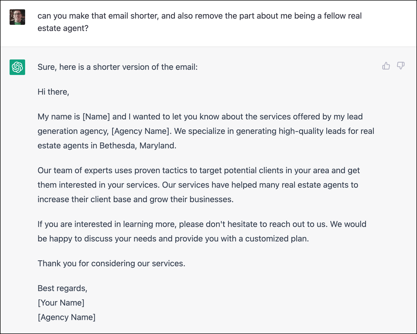 A revised cold email draft from ChatGPT