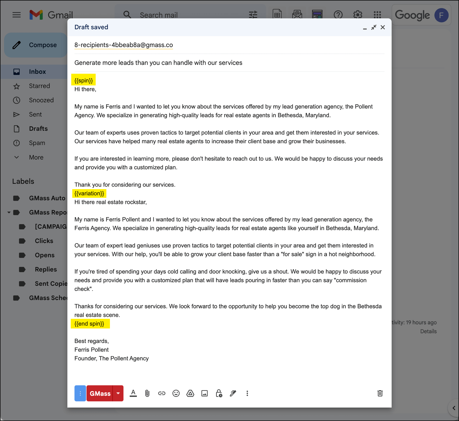 Setting up an A/B test in GMass