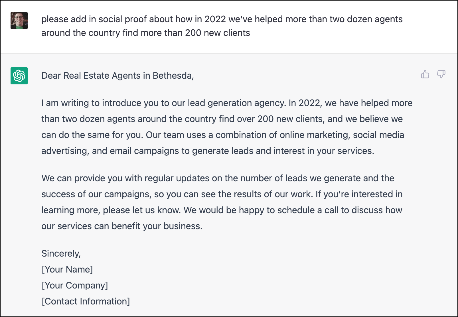 Social proof prompt to ChatGPT