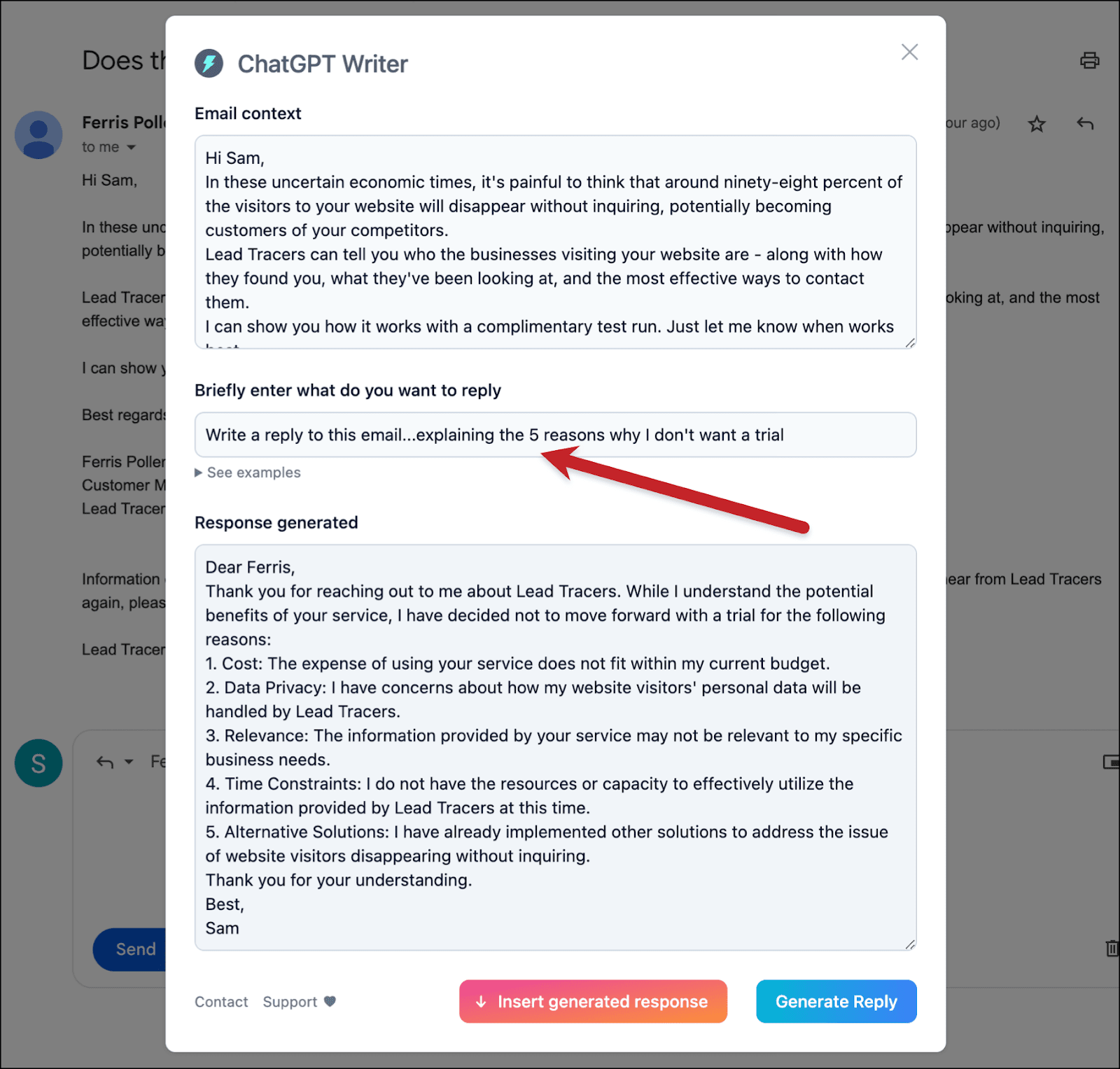 ChatGPT writer longer result of an AI email reply