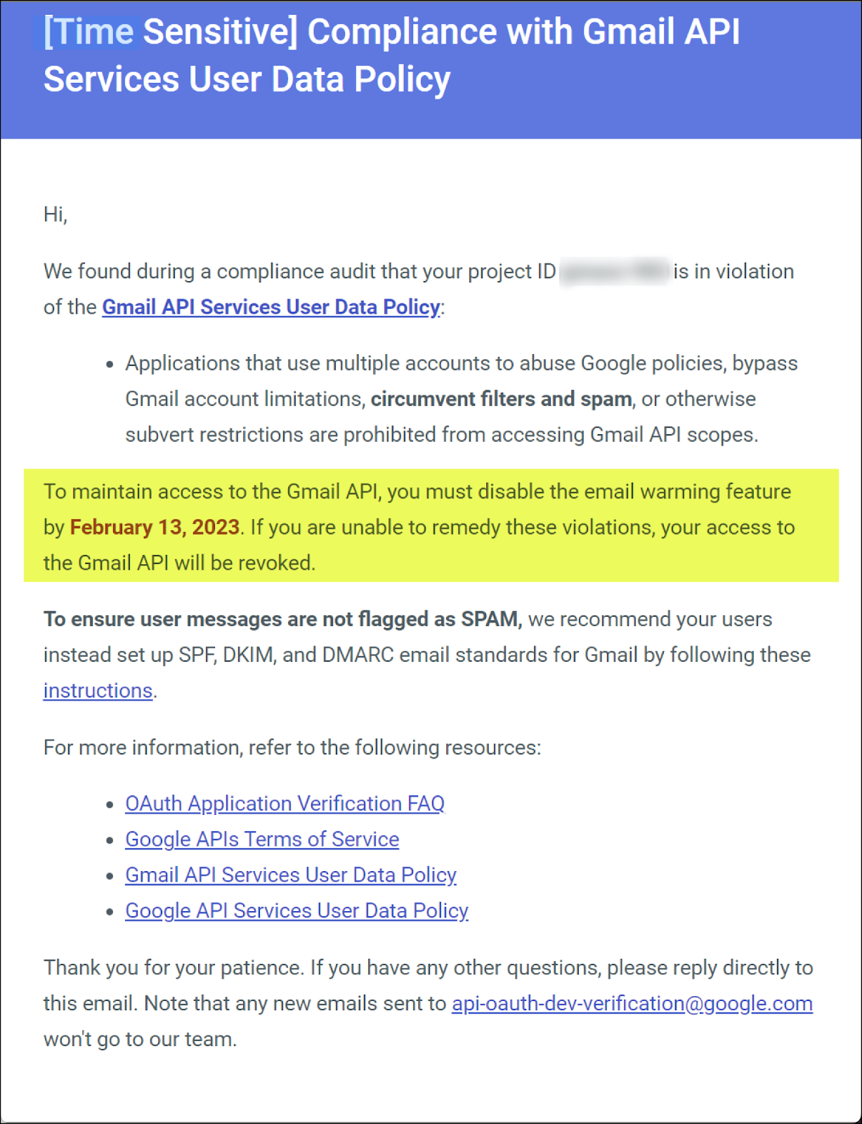 Google's email message to shut down warmup