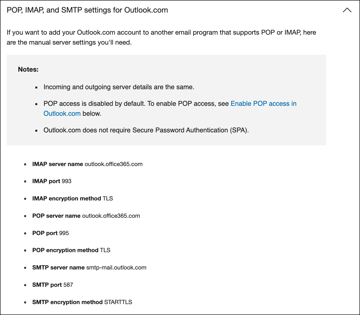 IMAP settings for an Outlook account