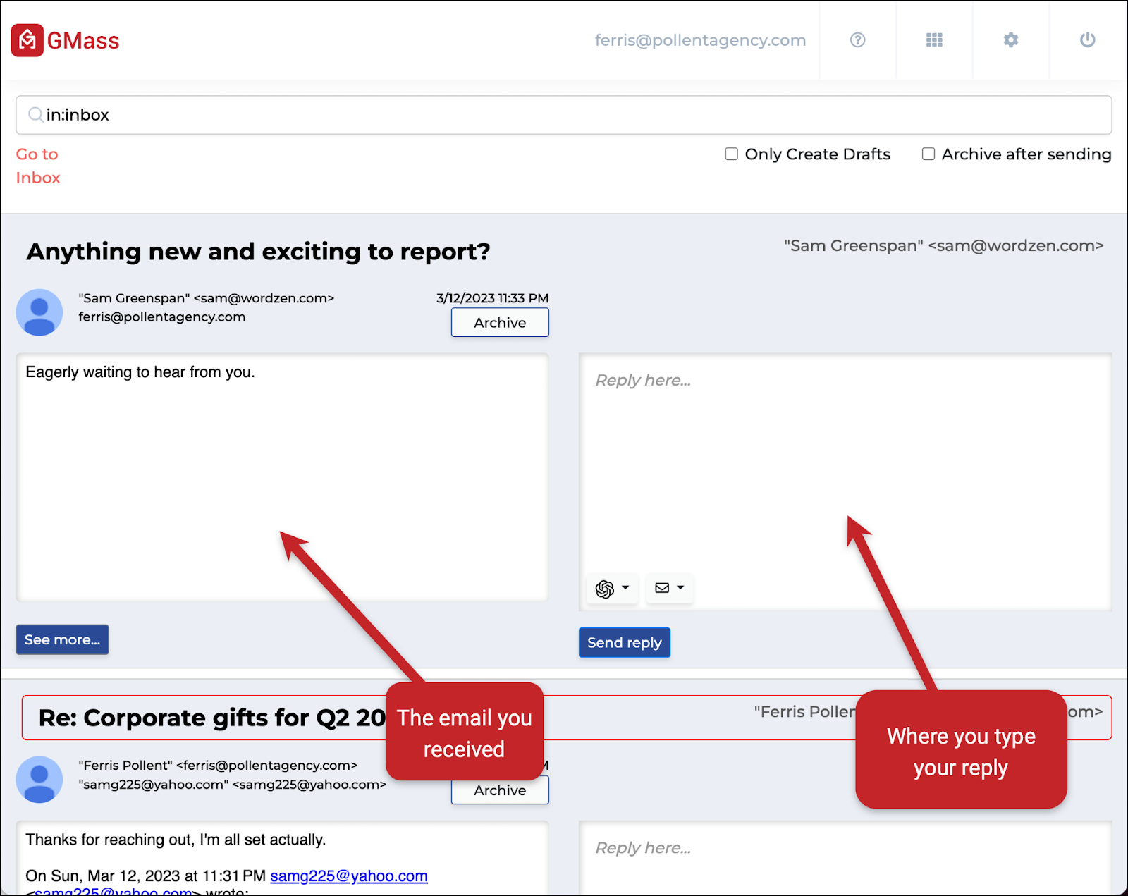 The window displaying the email and one for the reply