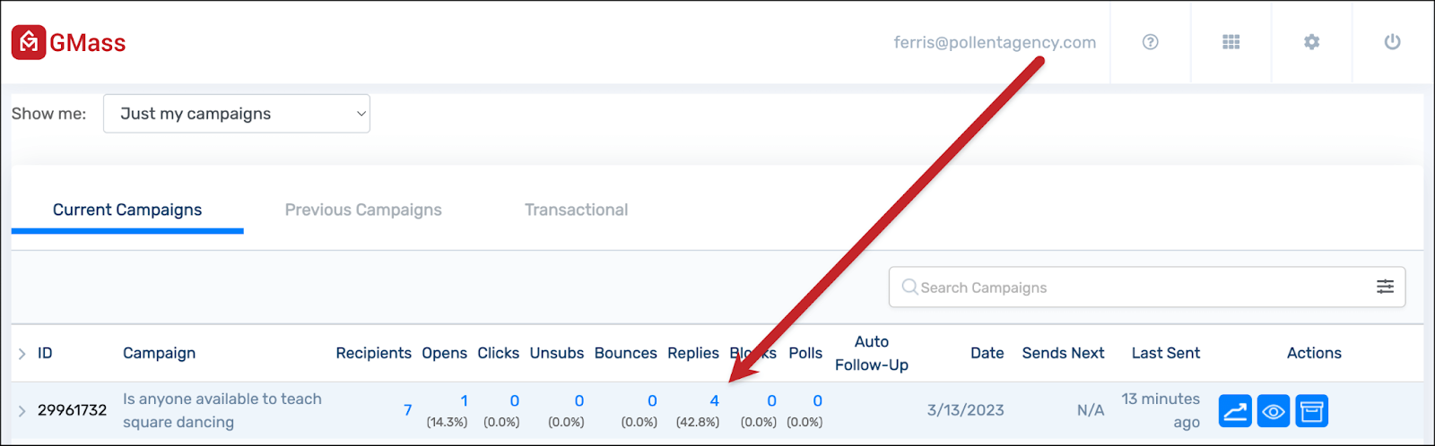 Click on replies in the dashboard