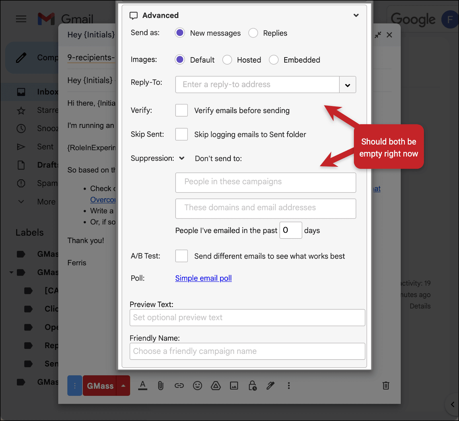 Make sure the Reply-To and Suppression are empty