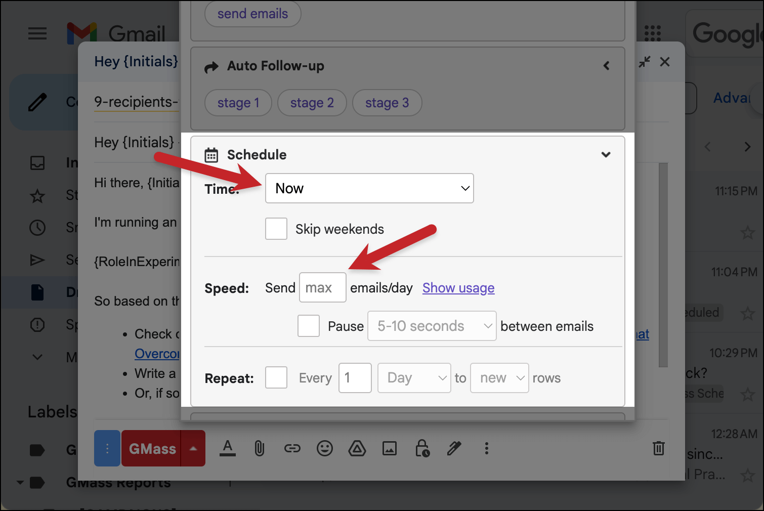 Send now and send max emails per day