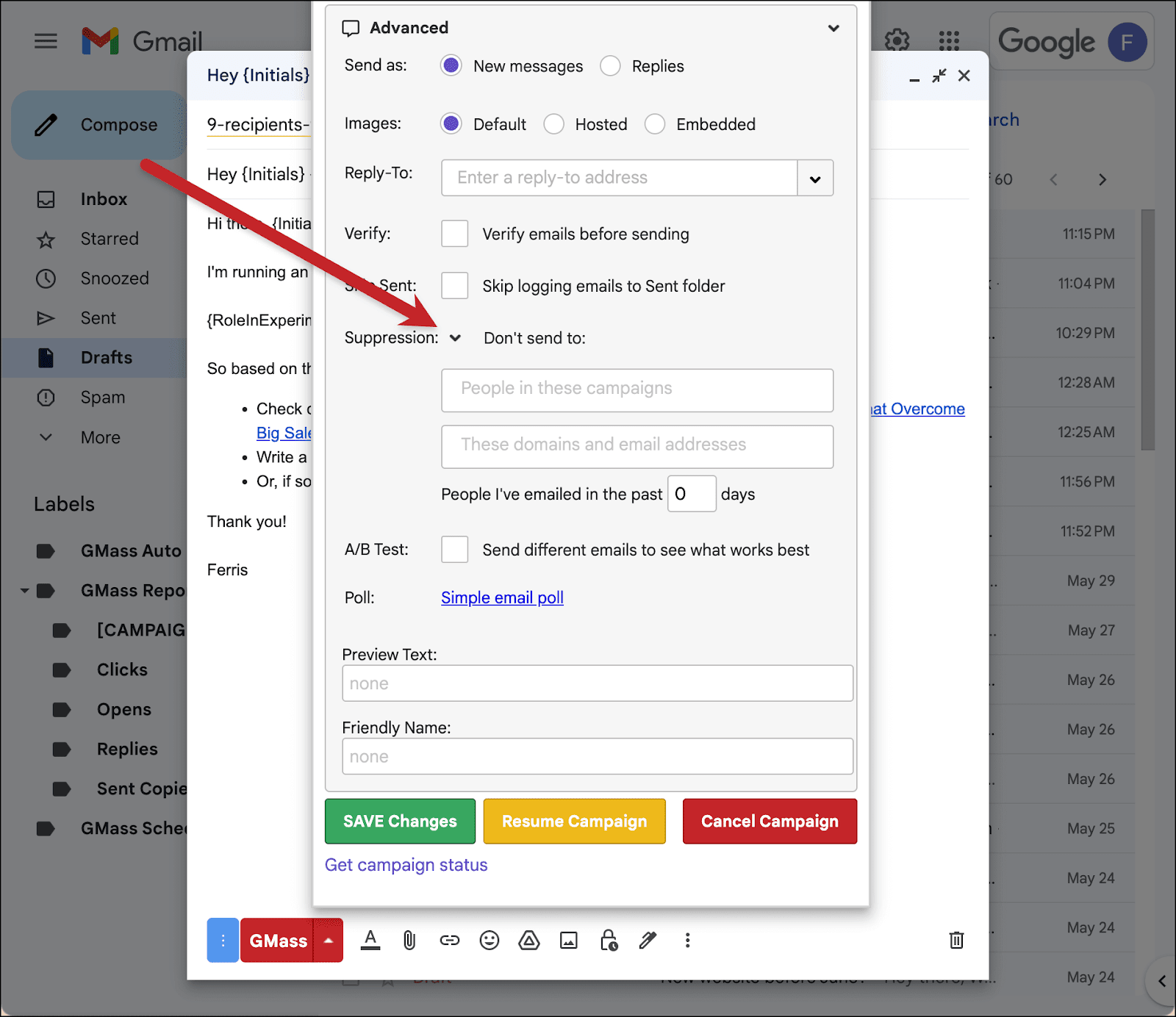 Open the Suppression section of your initial campaign