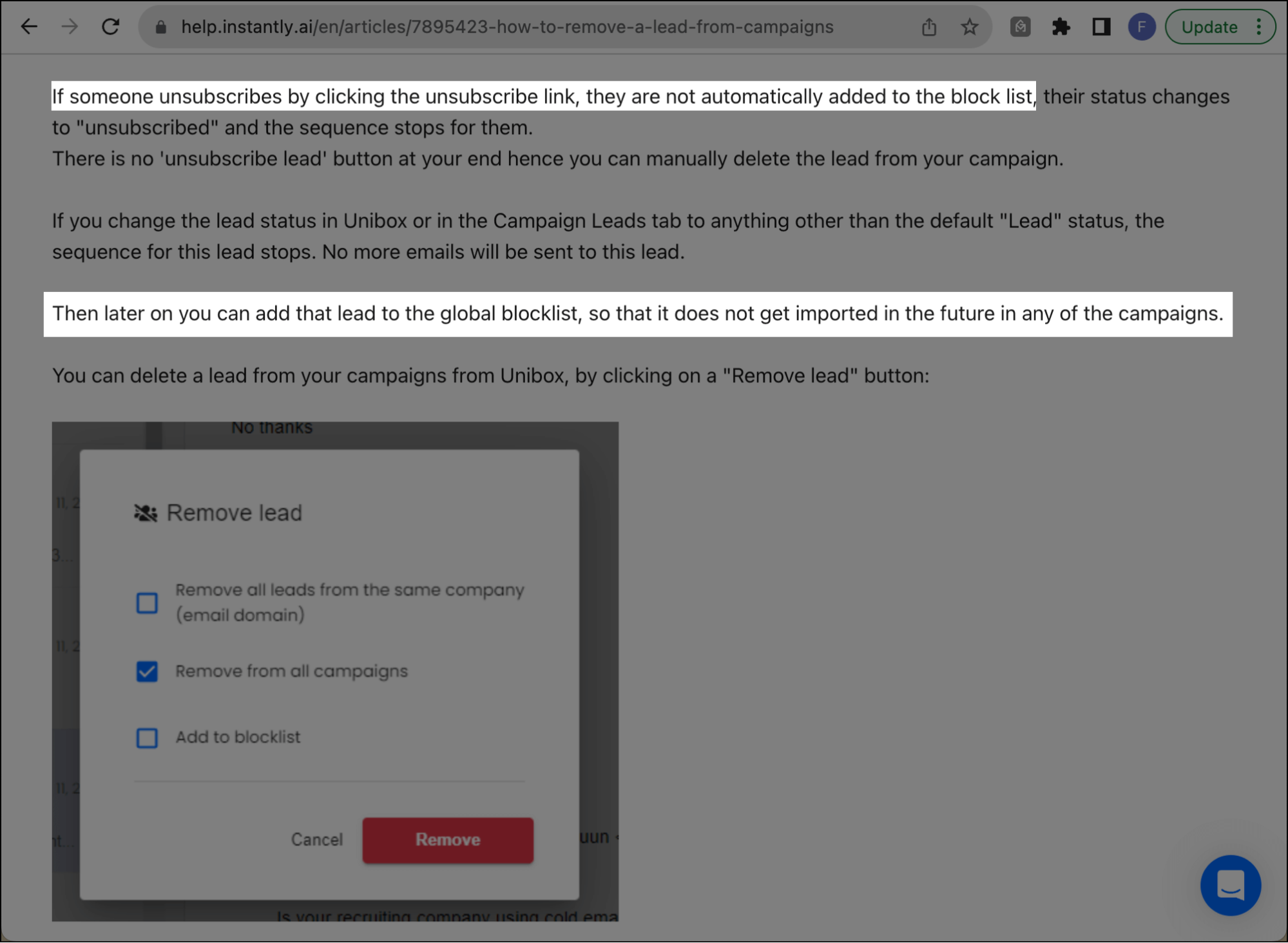 Instantly requires manually adding unsubscribed addresses to future lists