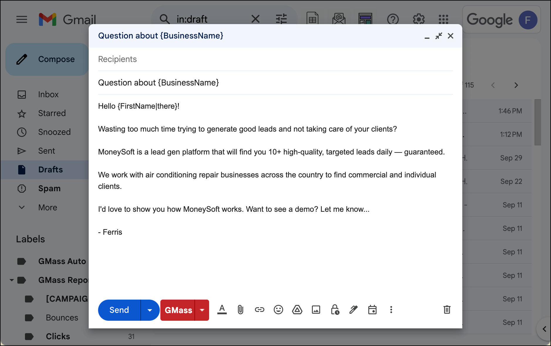 A sample cold email trying to get someone to set up a demo